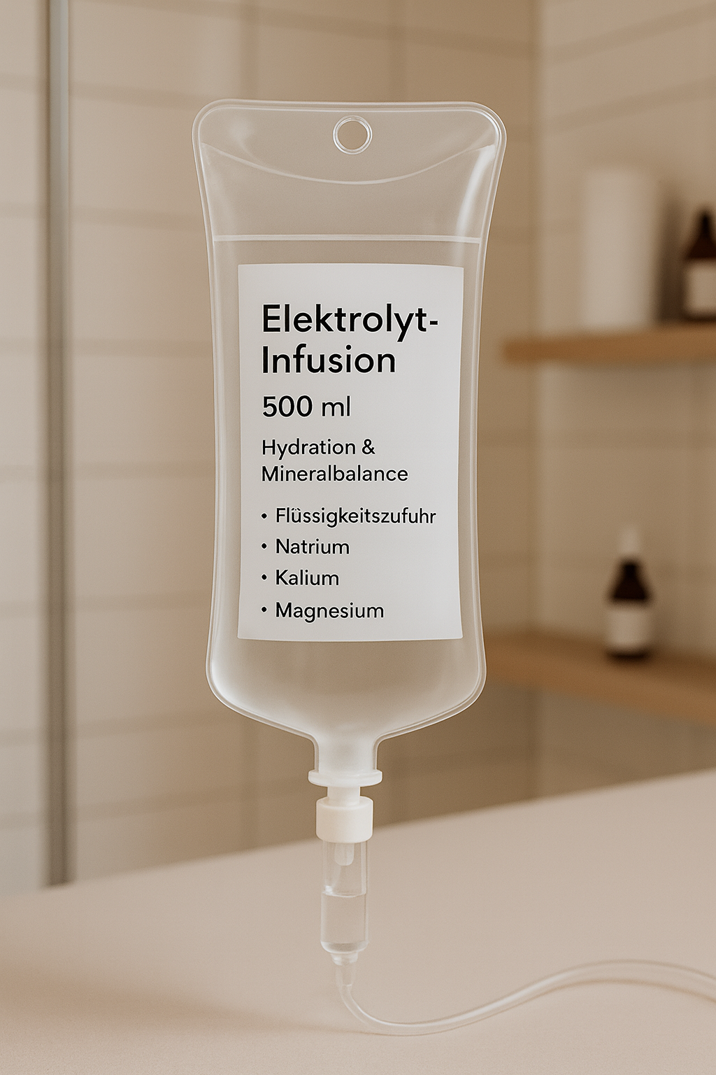 500 ml Elektrolyt-Infusion im PDB Aesthetic Room Wiesbaden – Infusionsbeutel für Hydration, Natrium-, Kalium- und Magnesiumversorgung.
