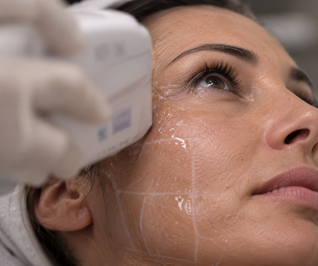 HIFU-Behandlung mit Ultraschall-Handstück an der Gesichtspartie im PDB Aesthetic Room Wiesbaden
