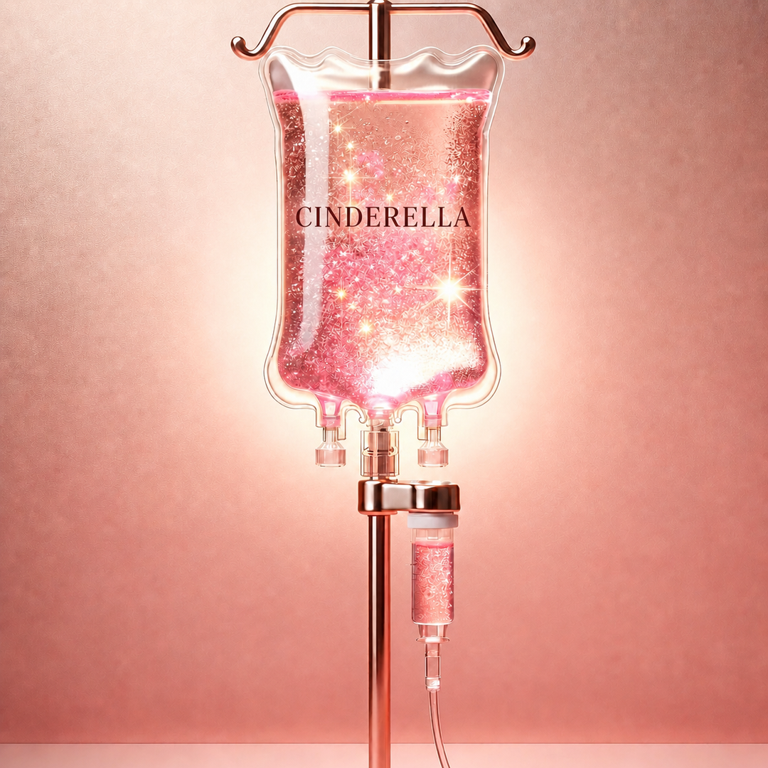Cinderella-Schriftzug direkt auf einem rosafarbenen Infusionsbeutel