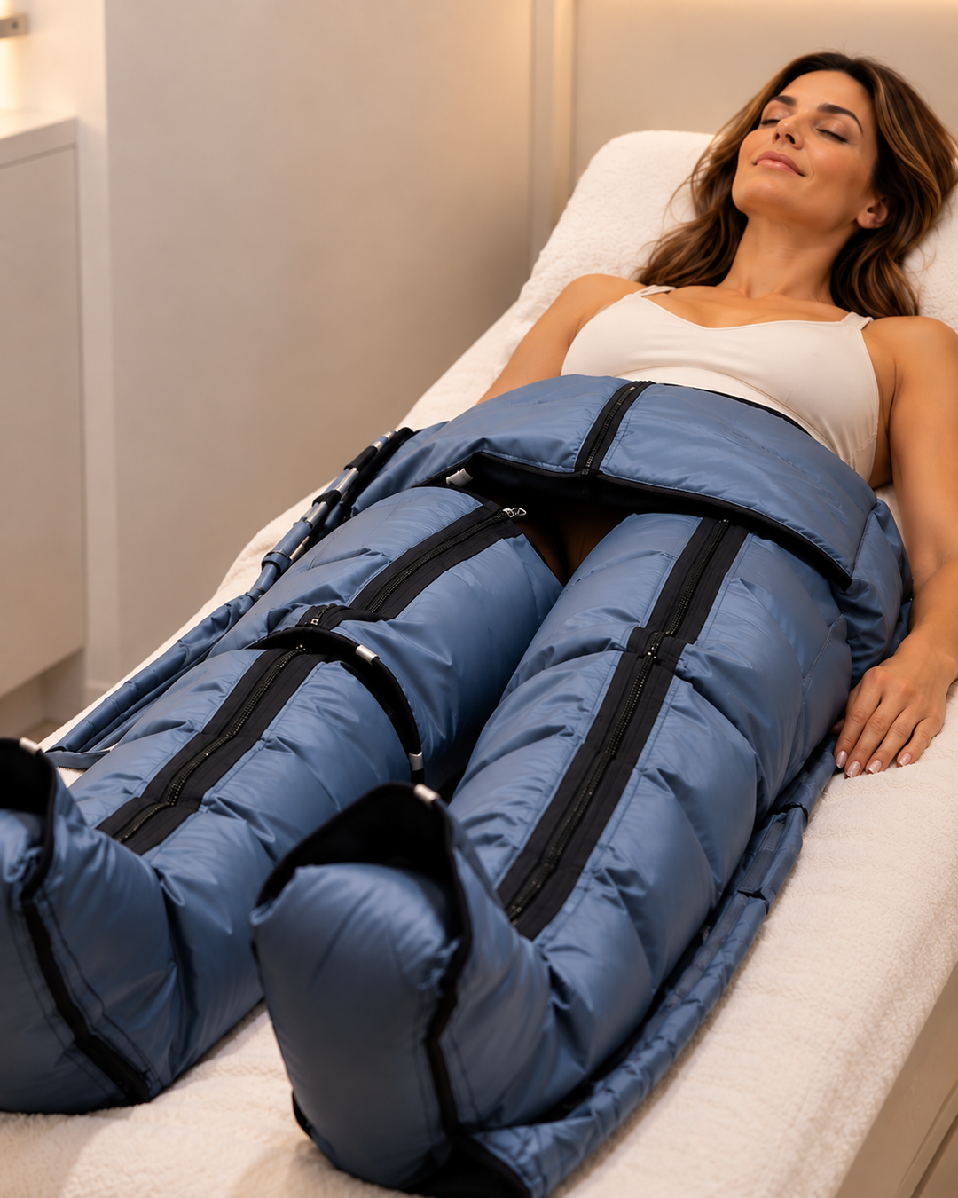 Frau bei einer apparativen Lymphdrainage mit Kompressionsanzug in Wiesbaden