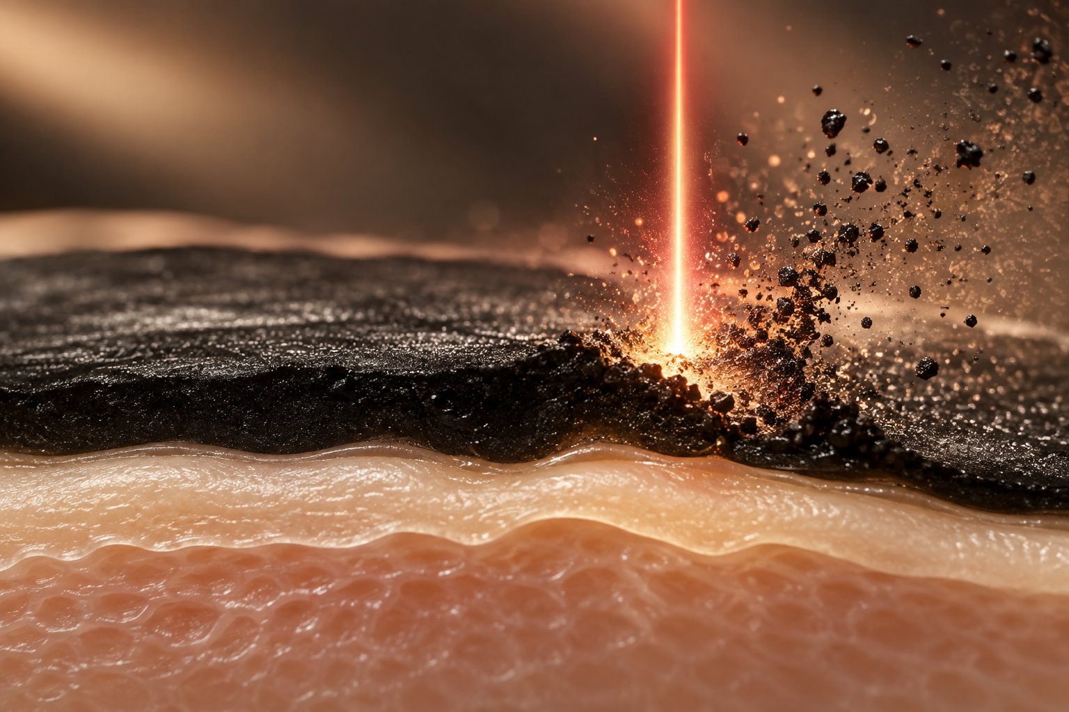 Abstrakte Darstellung eines Carbon Laser Peelings mit Carbon-Schicht und präzisem Laserimpuls für ein verfeinertes Hautbild