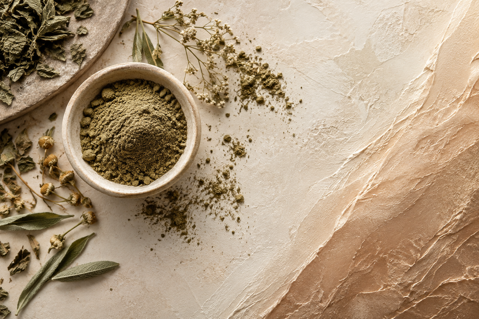 Hochwertige botanische Still-Life-Darstellung zum Herbs2Peel Kräuterpeeling für Hautstruktur im PDB Aesthetic Room Wiesbaden