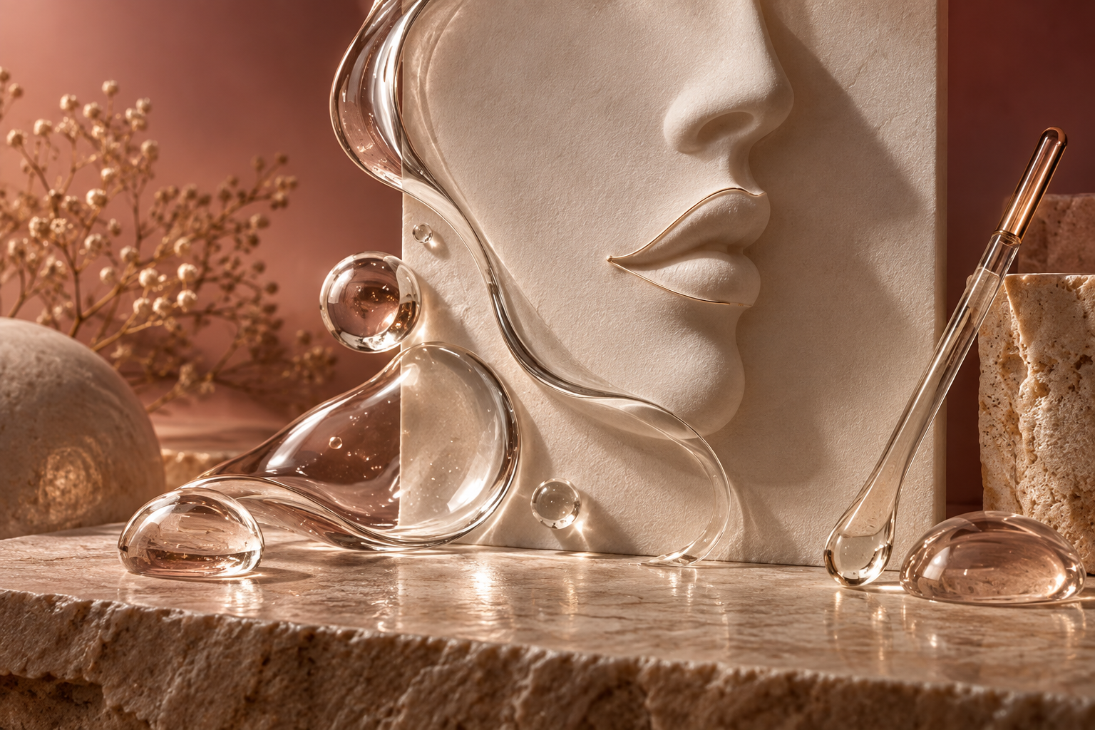Künstlerische Darstellung von Hyaluron-Gel und harmonischer Lippen- und Gesichtskontur für eine Behandlung in Wiesbaden