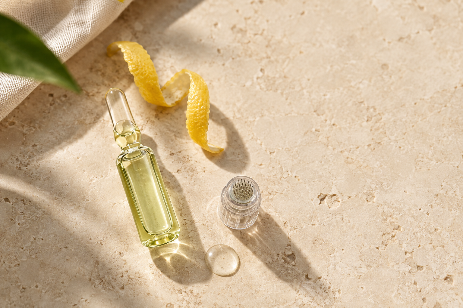 Editorial mit Wirkstoff-Ampulle, Microneedling-Kartusche und Zitronenschale für den Lemon Bottle Skin Booster im PDB Aesthetic Room Wiesbaden