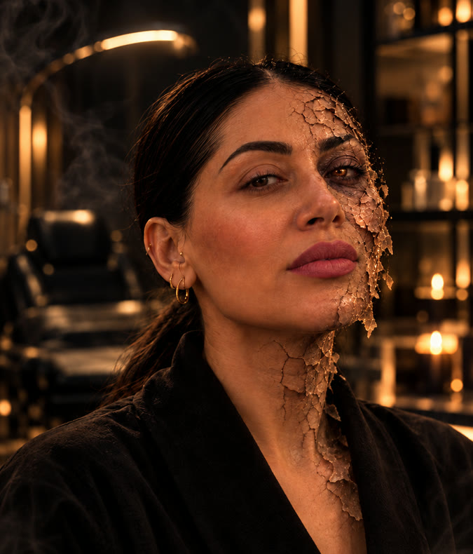 Noureen im dunklen PDB Aesthetic Room mit einem filmischen Halloween-Effekt