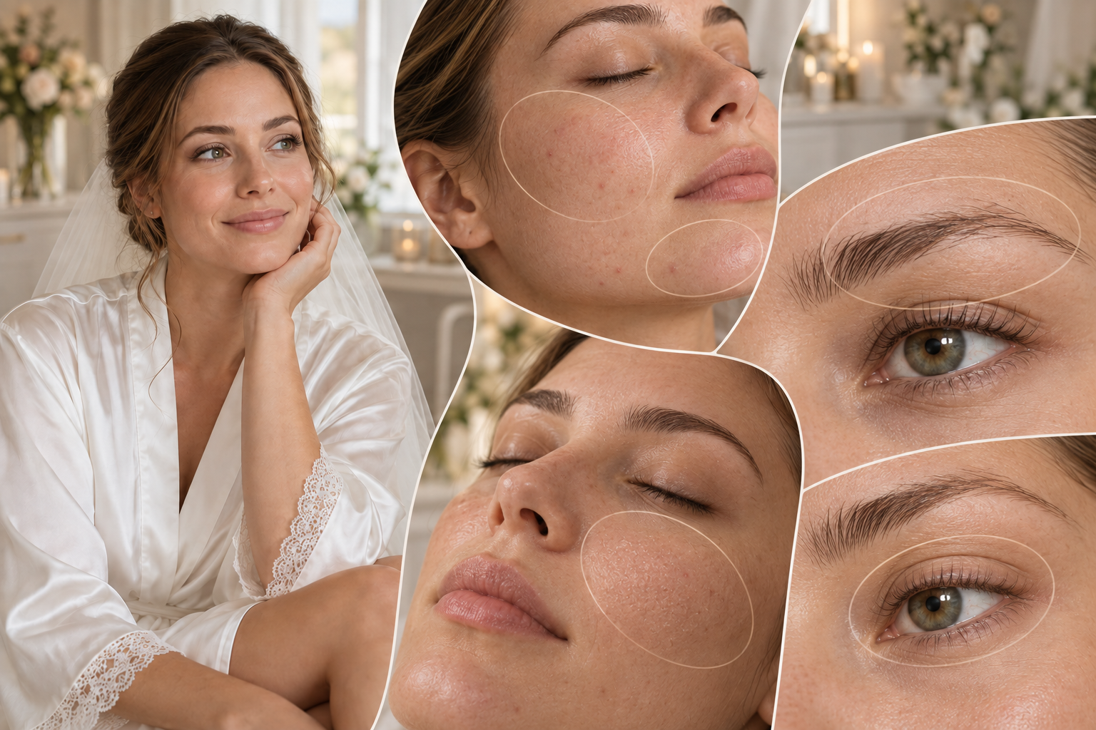 Bridal Glow Collage mit fertiger Braut sowie Haut-, Brauen- und Wimpernthemen in Wiesbaden